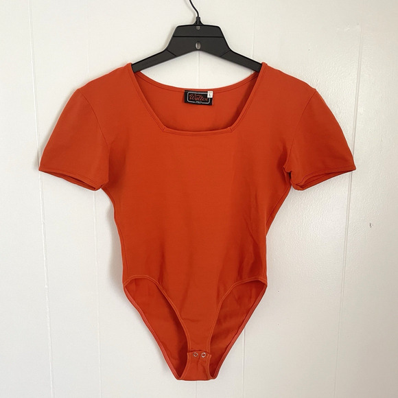 Vintage Orange Bodysuit Large | Square Neck Minimalist Ballet Euro Stretch Knit - Picture 1 of 6